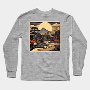 Traditional Japanese Mountain Woodcut Long Sleeve T-Shirt